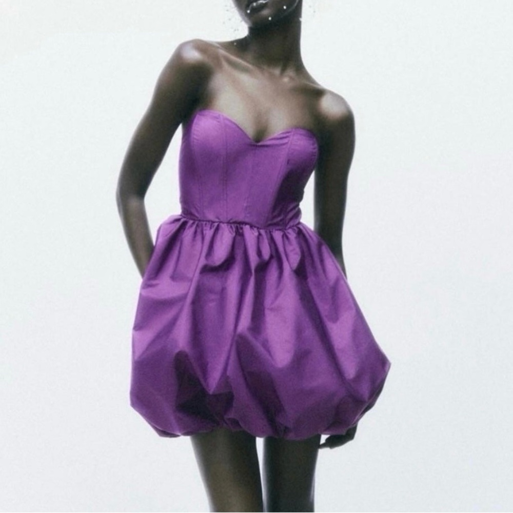 Zara NEW Purple voluminous strapless mini dress size XS